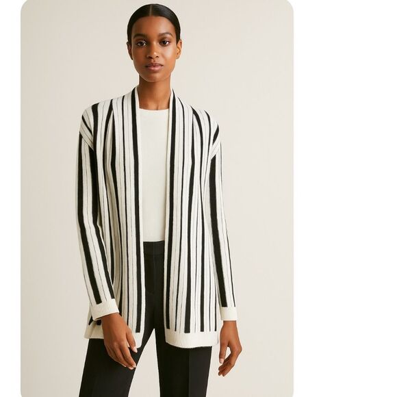 St. John Wool Cashmere Blend Open Front Cardigan Sweater Black White Stripe Sz S - Picture 1 of 10